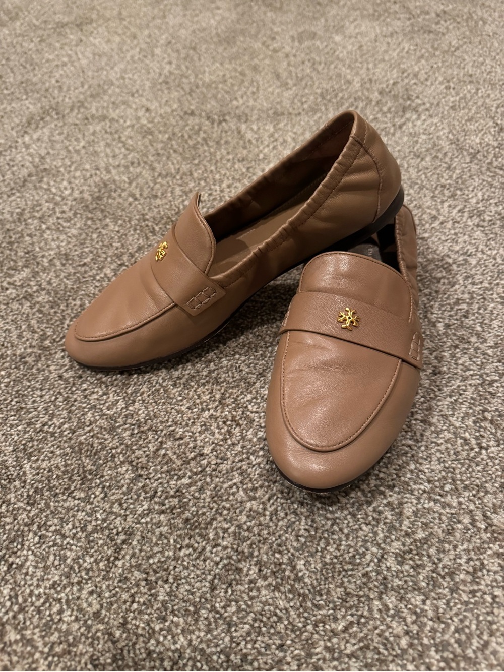 Tory Burch Brown Leather P Loafers with Gold Emblem